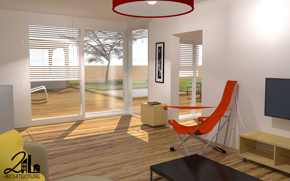 Extension en ossature bois et aménagement d’espaces de vie - Plan & 3D