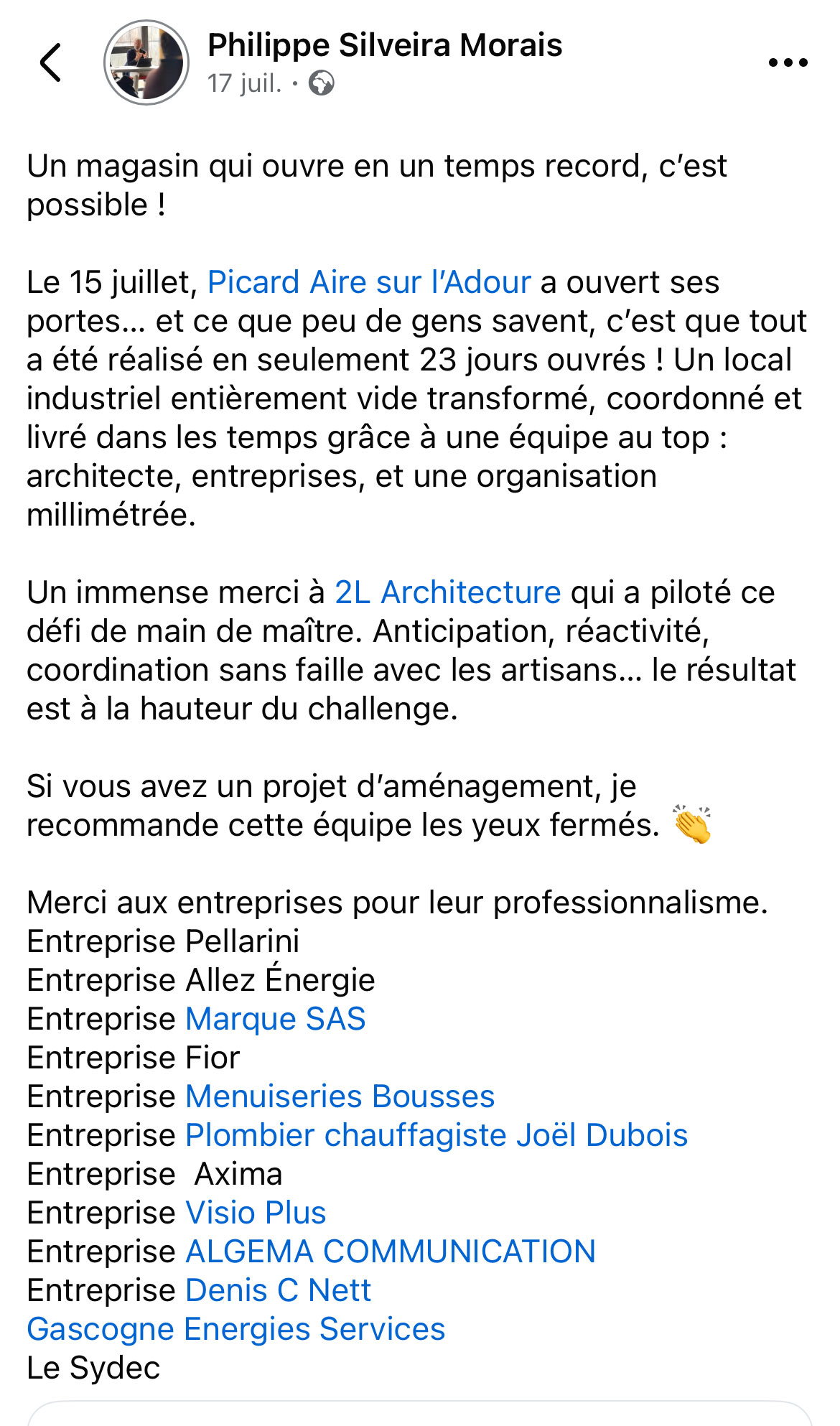 Avis client pour 2L Architecture sur l'aménagement du magasin Picard à Aire sur l'Adour
